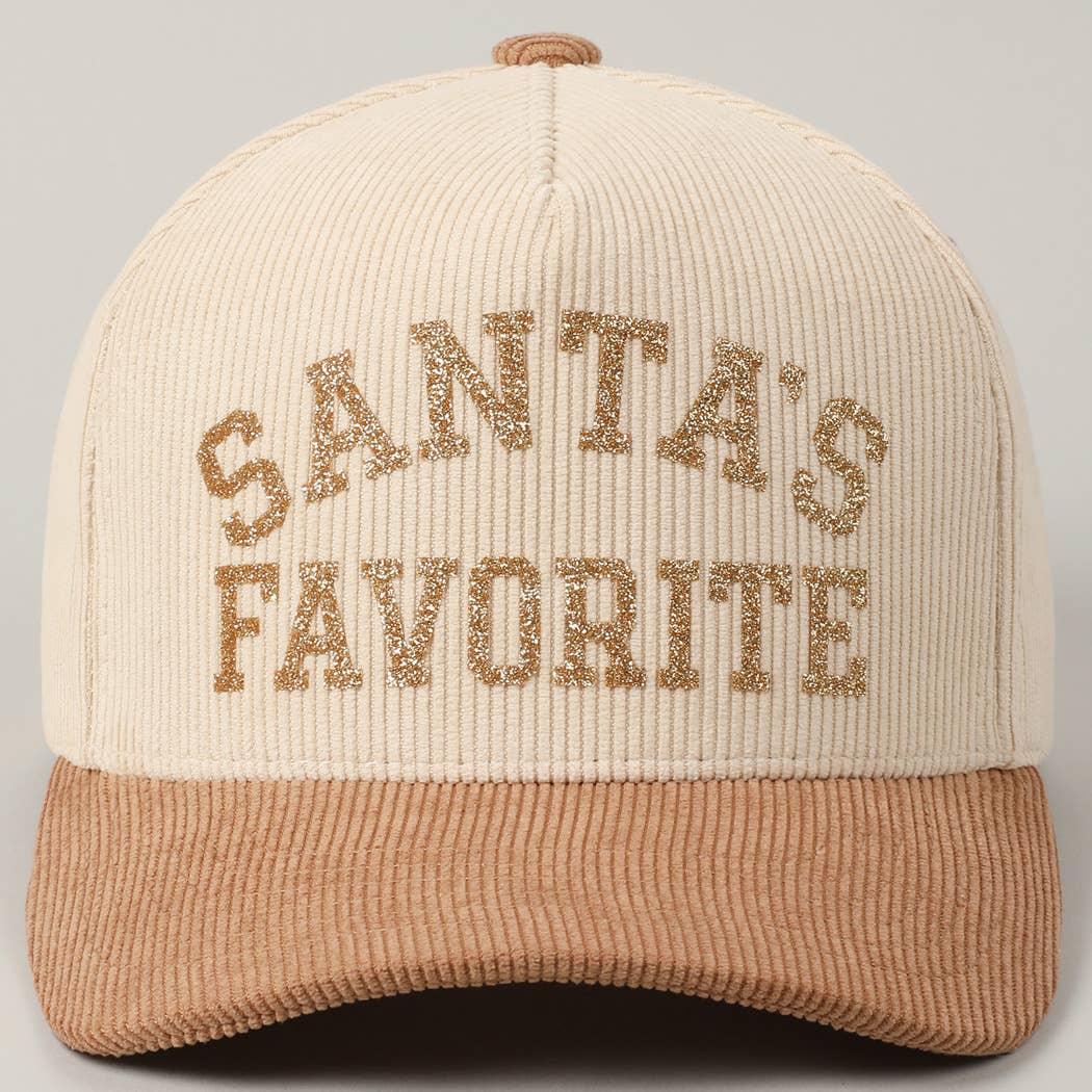 Santa's Favorite Glitter Text 5 Panel Corduroy Cap: Burgundy / ONE SIZE
