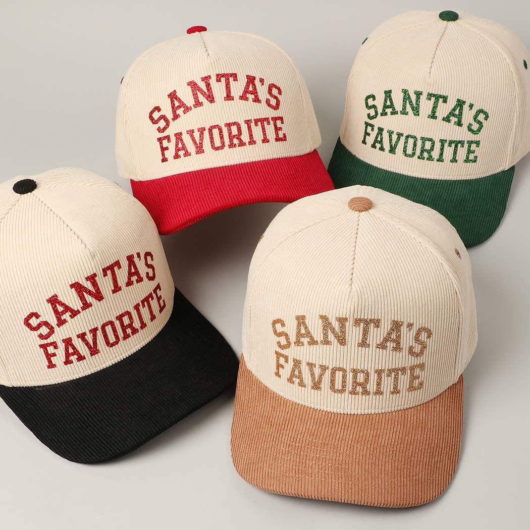 Santa's Favorite Glitter Text 5 Panel Corduroy Cap: Burgundy / ONE SIZE
