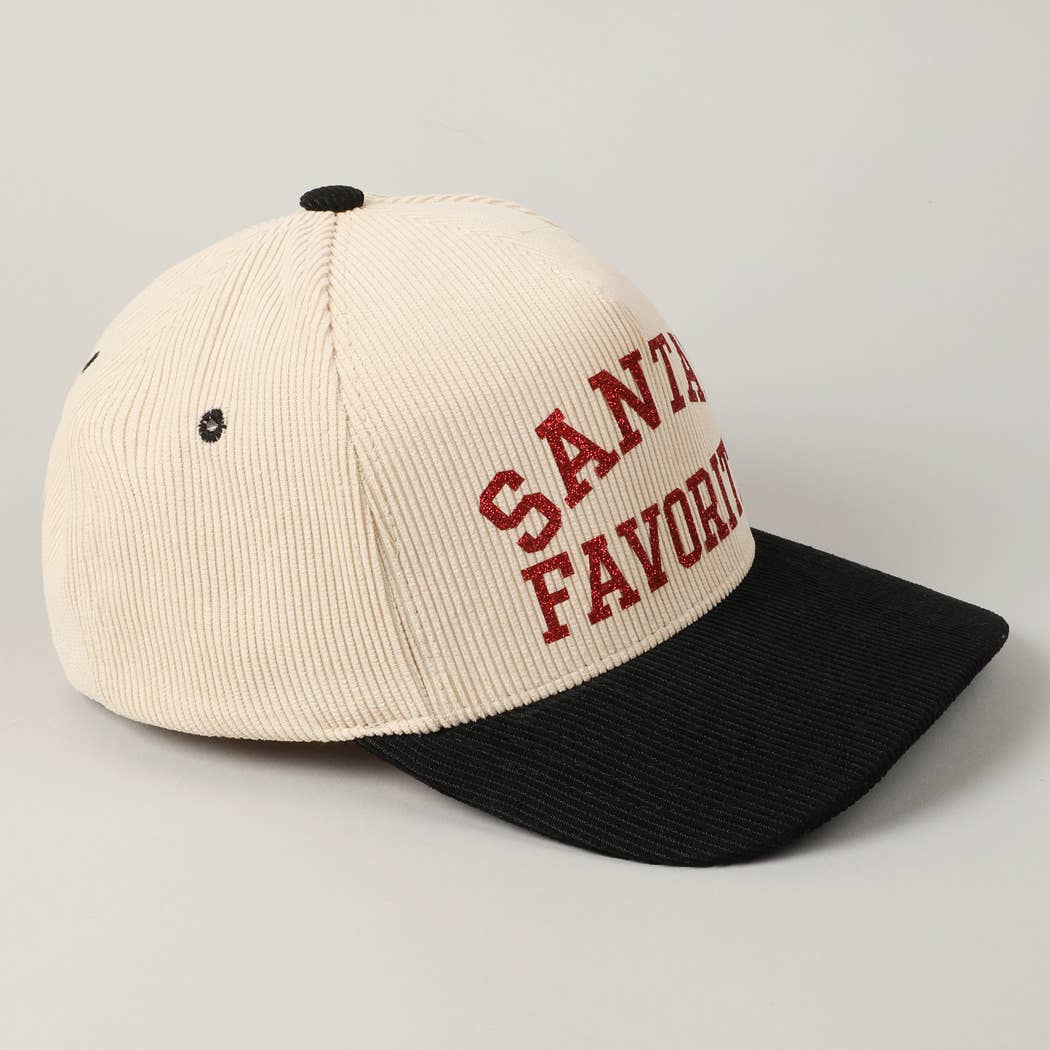 Santa's Favorite Glitter Text 5 Panel Corduroy Cap: Burgundy / ONE SIZE