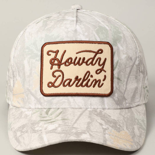 Howdy Darlin' Embroidery Patch Camo Trucker Hat: BEIGE CAMO / ONE SIZE