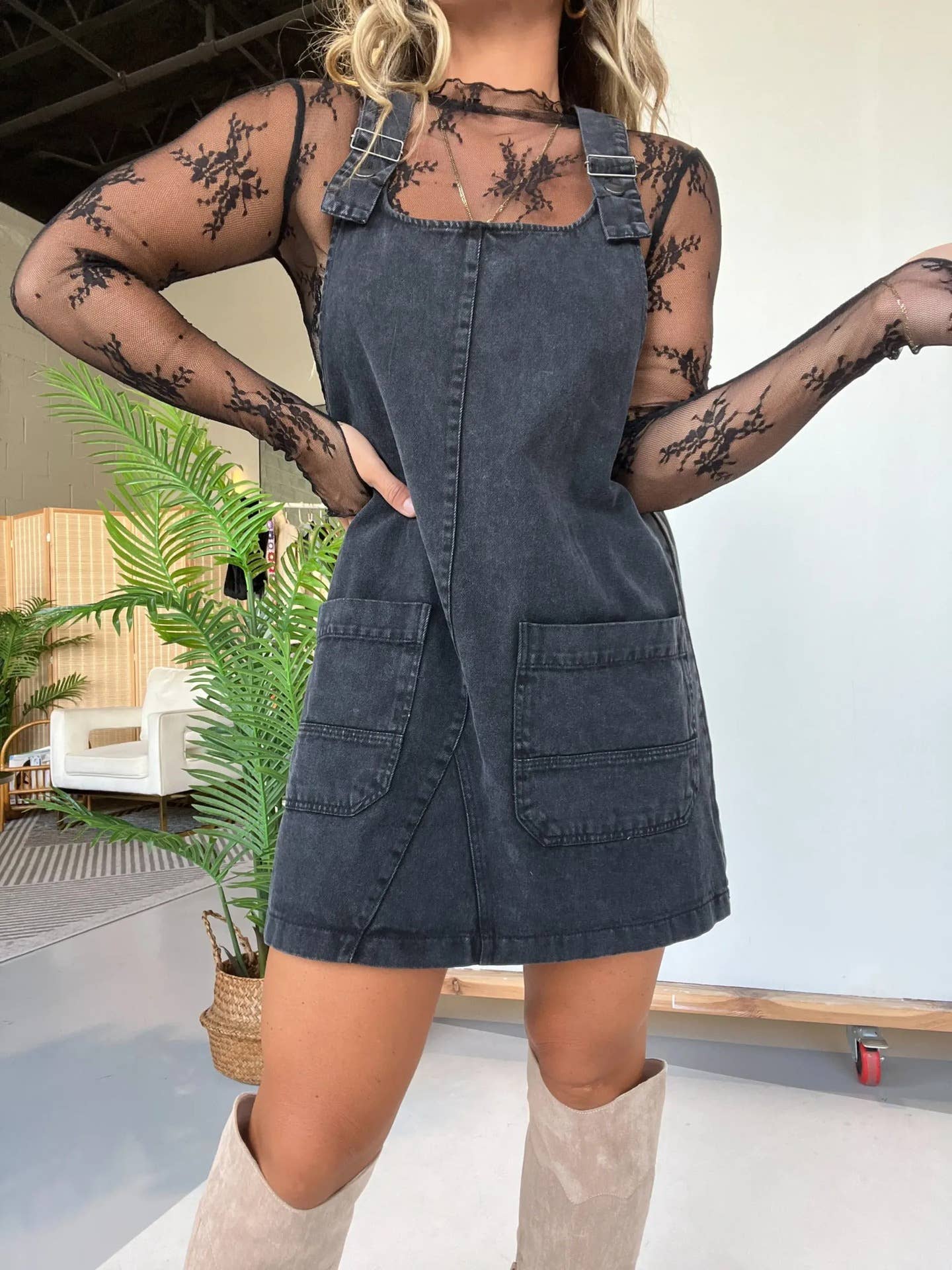 Western cowgirl Style denim shortall overalls dress: Black / M