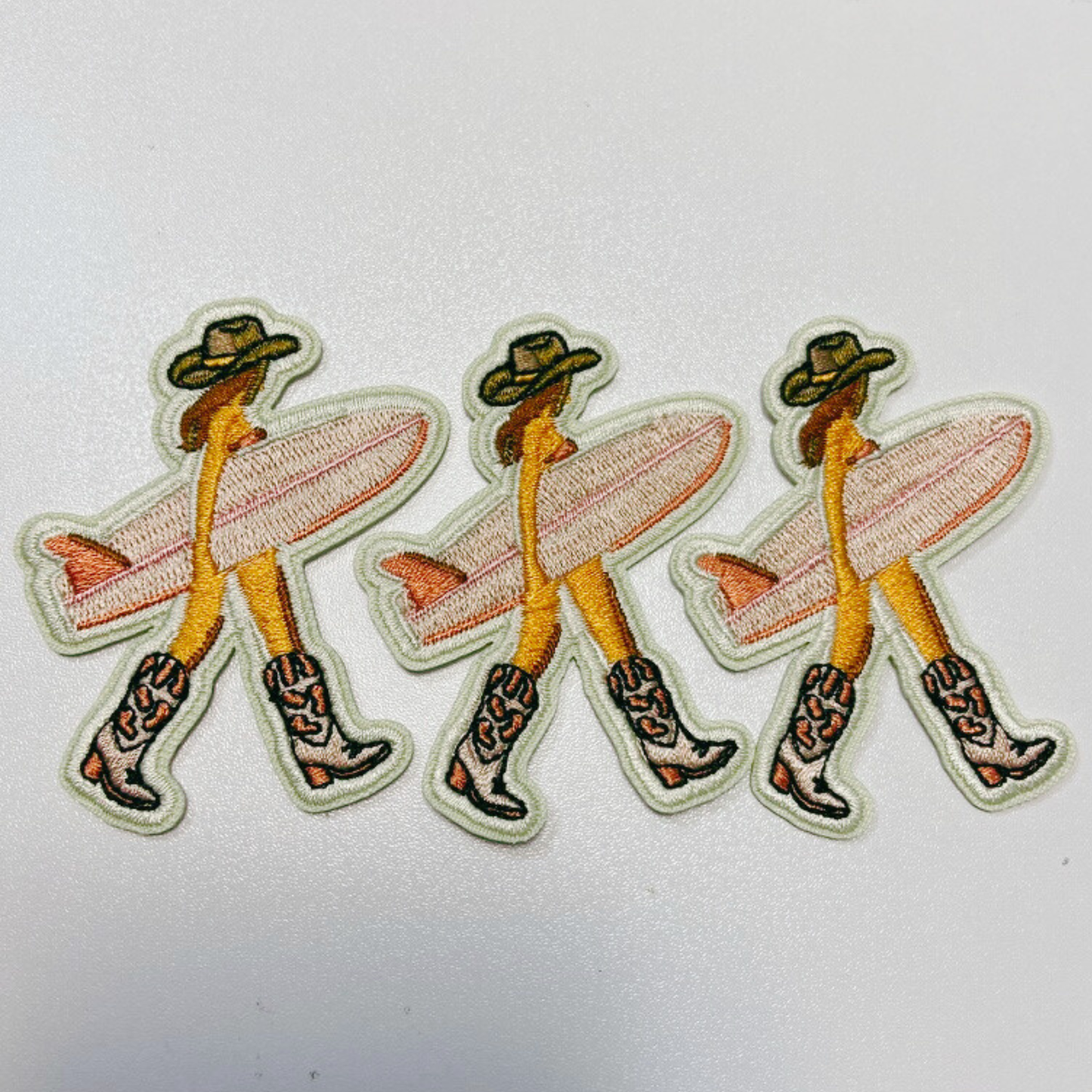 2.5" Cowgirl w Surfboard - Embroidered Hat Patch: Embroidered Patch
