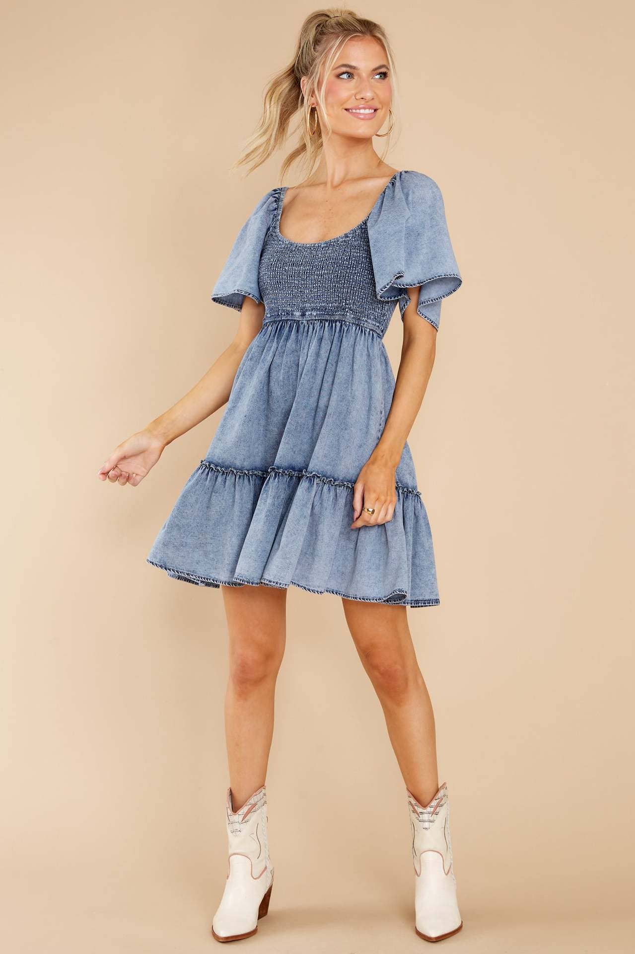Denim Short Sleeve Tunic Dress: Blue / Missy / S
