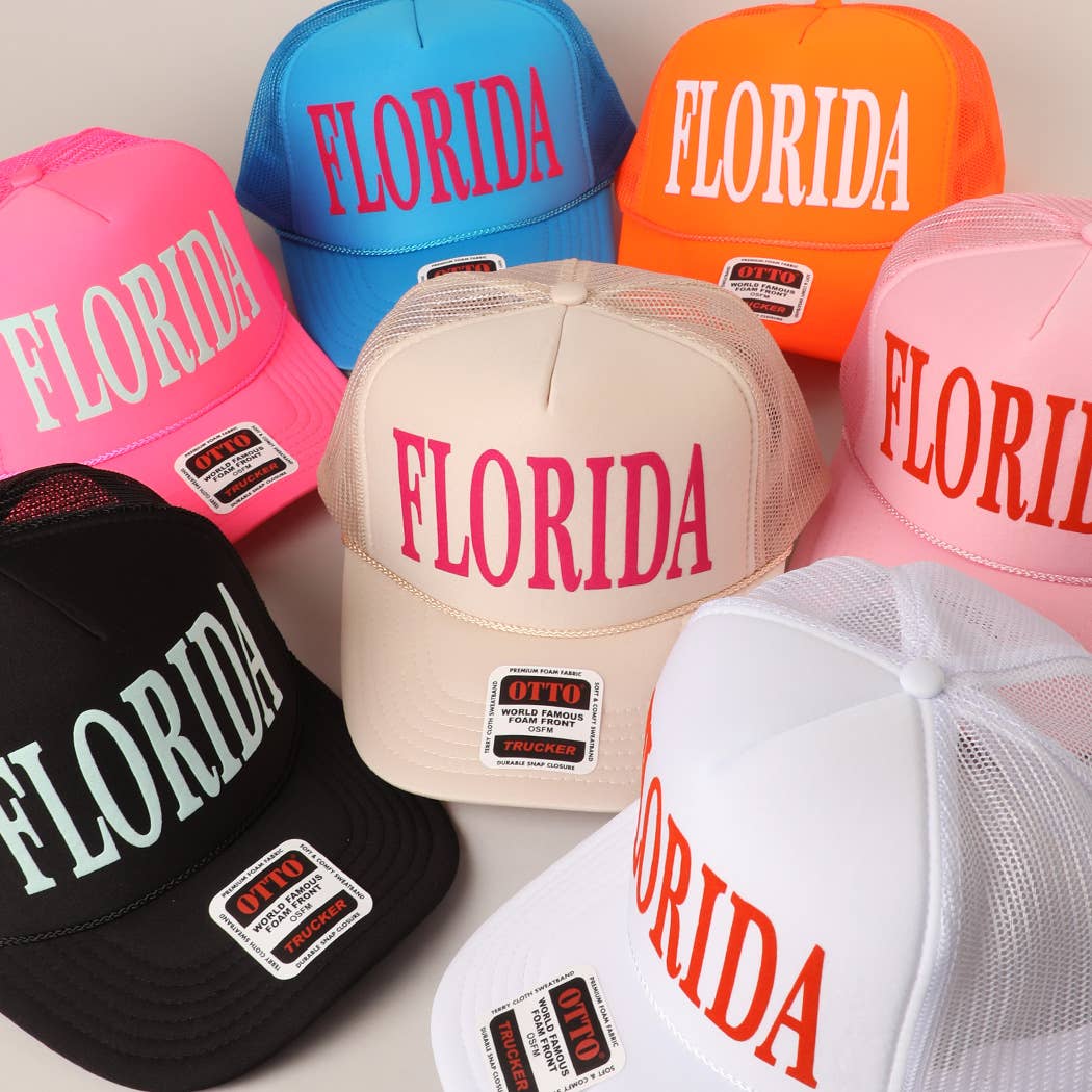 FLORIDA Text Printed Mesh Back Foam Trucker Hat: Pink / ONE SIZE