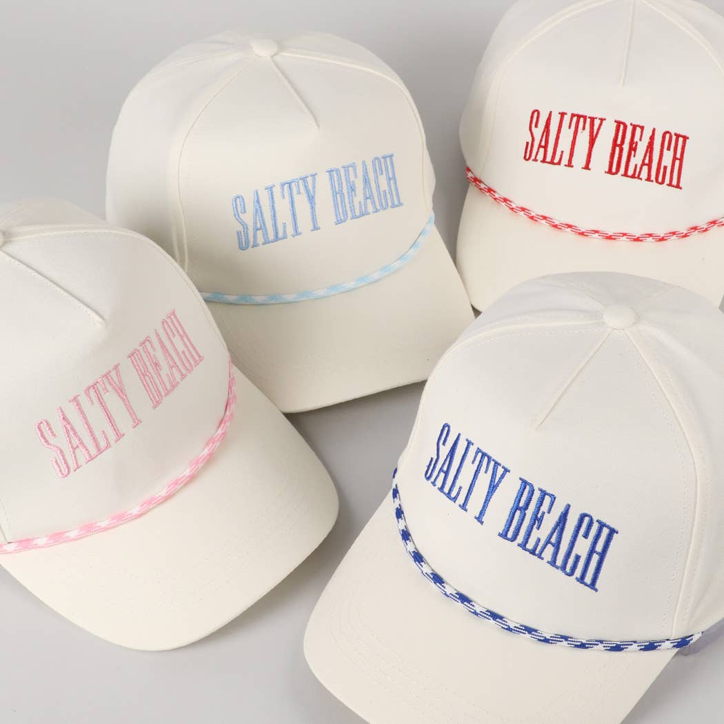 SALTY BEACH Lettering Embroidered Trucker Hat: LT BLUE / ONE SIZE