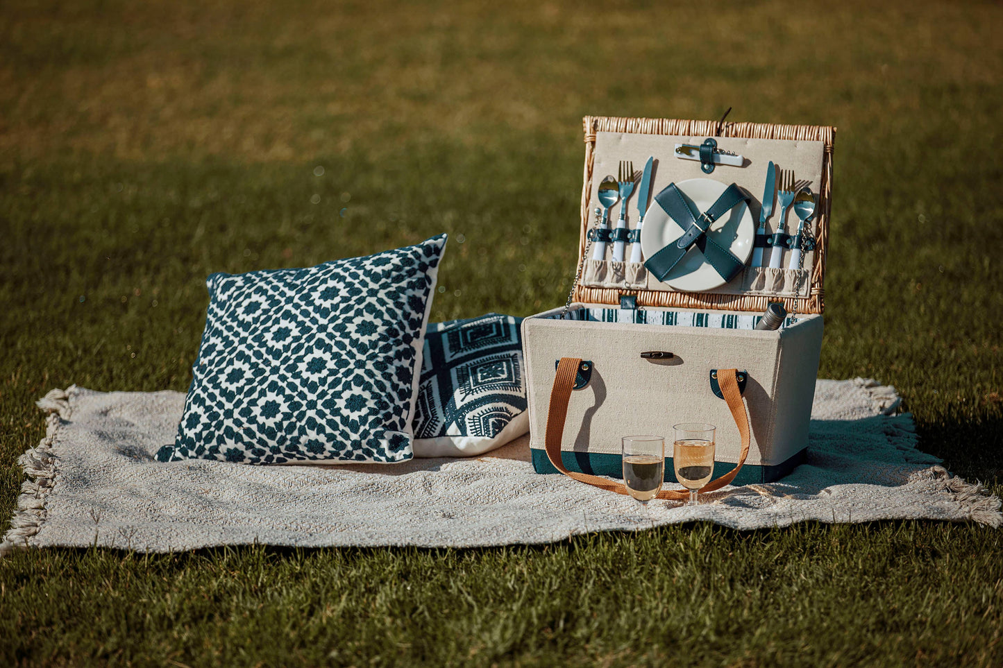 Picnic Basket for 2: Beige Canvas with Navy Blue Accents
