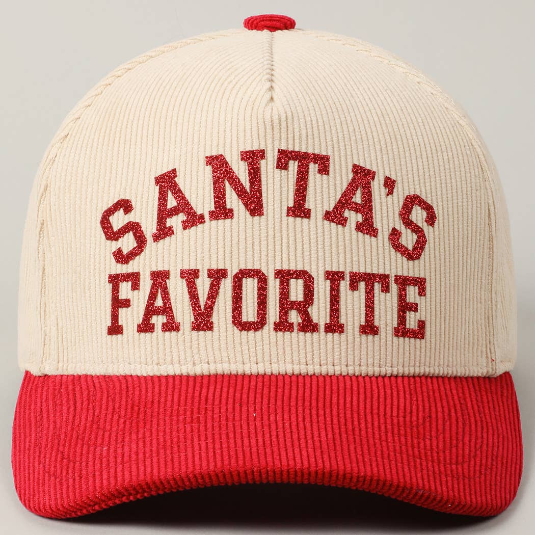 Santa's Favorite Glitter Text 5 Panel Corduroy Cap: Burgundy / ONE SIZE