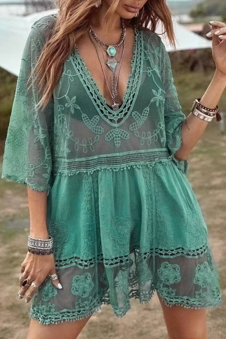 Embroidered Crochet Lace Beach Cover Up Dress: Green / M