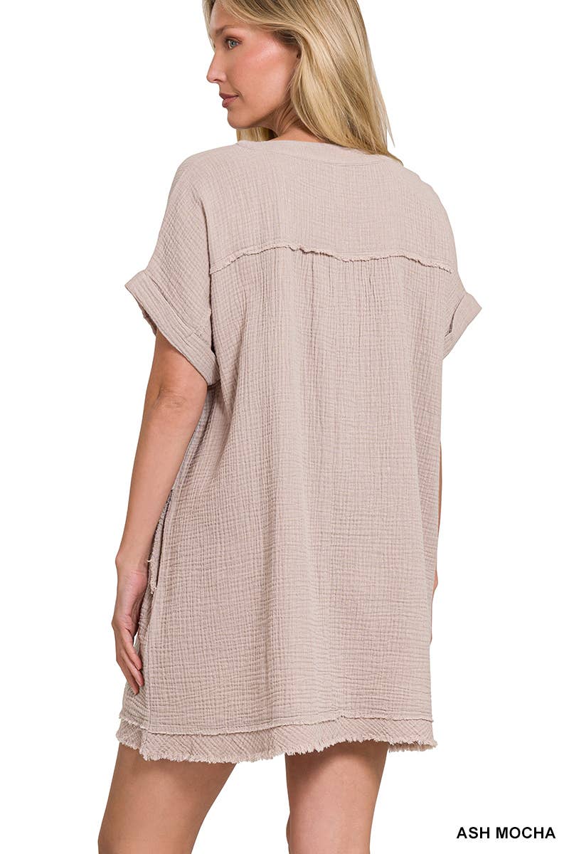 `.Double Gauze Raw Edge Dress w/ Pockets: ASH MOCHA-164472 / XL