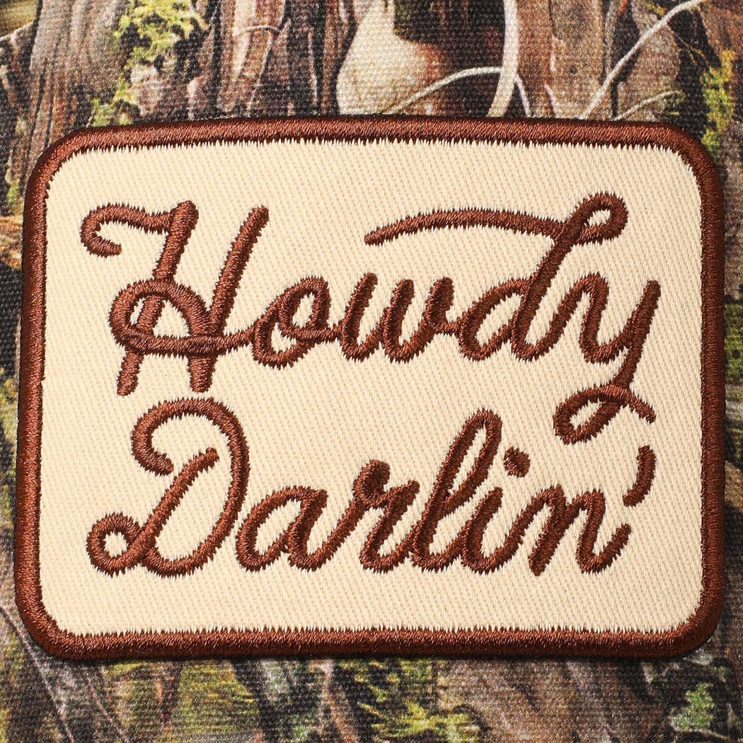 Howdy Darlin' Embroidery Patch Camo Trucker Hat: BEIGE CAMO / ONE SIZE