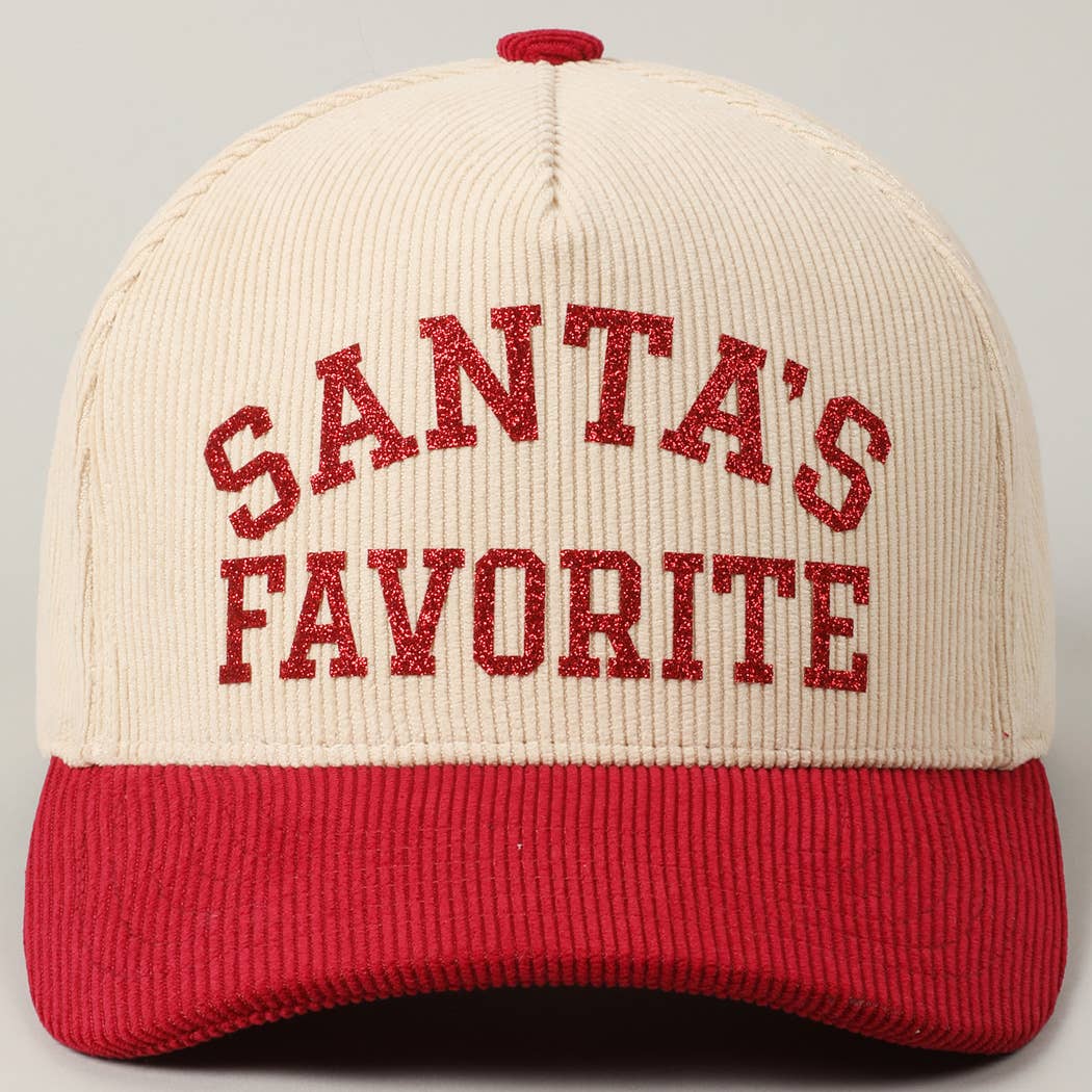 Santa's Favorite Glitter Text 5 Panel Corduroy Cap: Burgundy / ONE SIZE