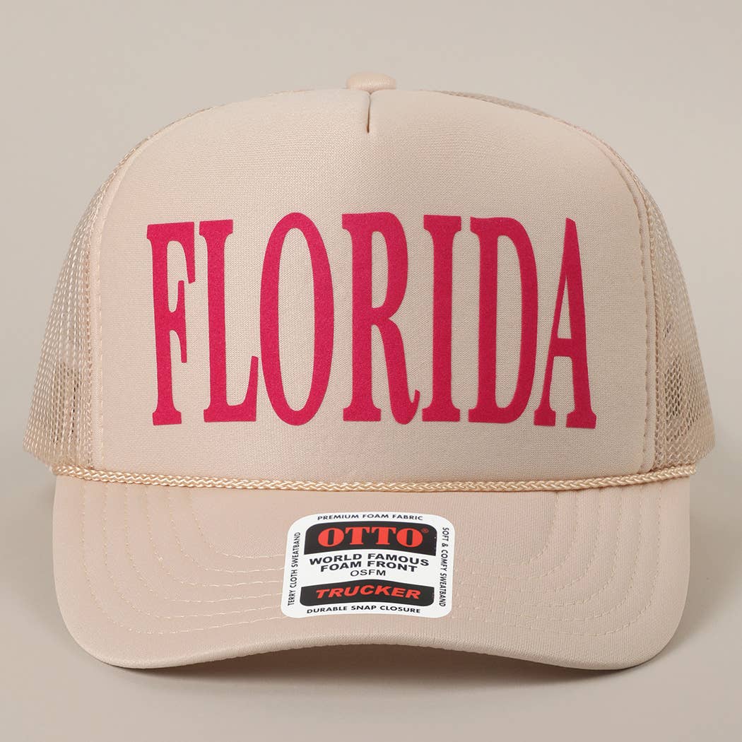 FLORIDA Text Printed Mesh Back Foam Trucker Hat: Pink / ONE SIZE