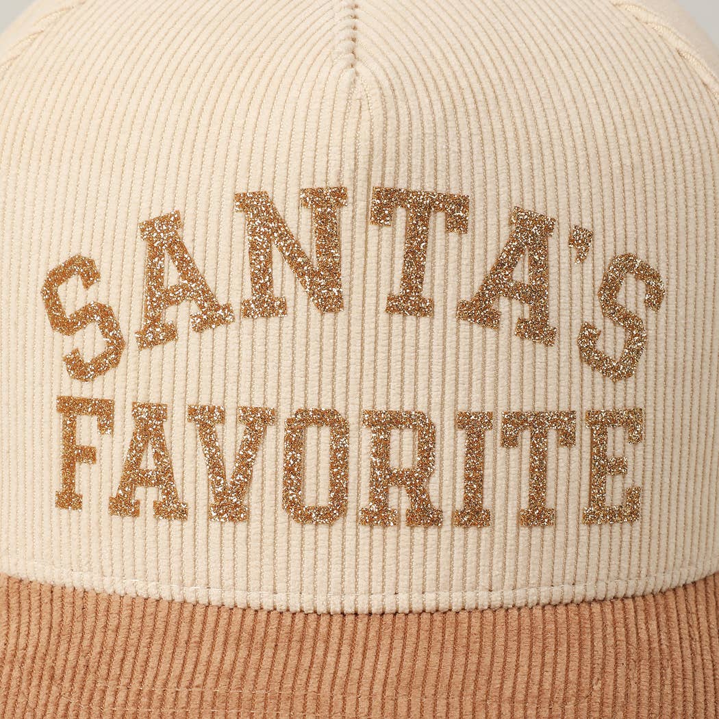 Santa's Favorite Glitter Text 5 Panel Corduroy Cap: Burgundy / ONE SIZE