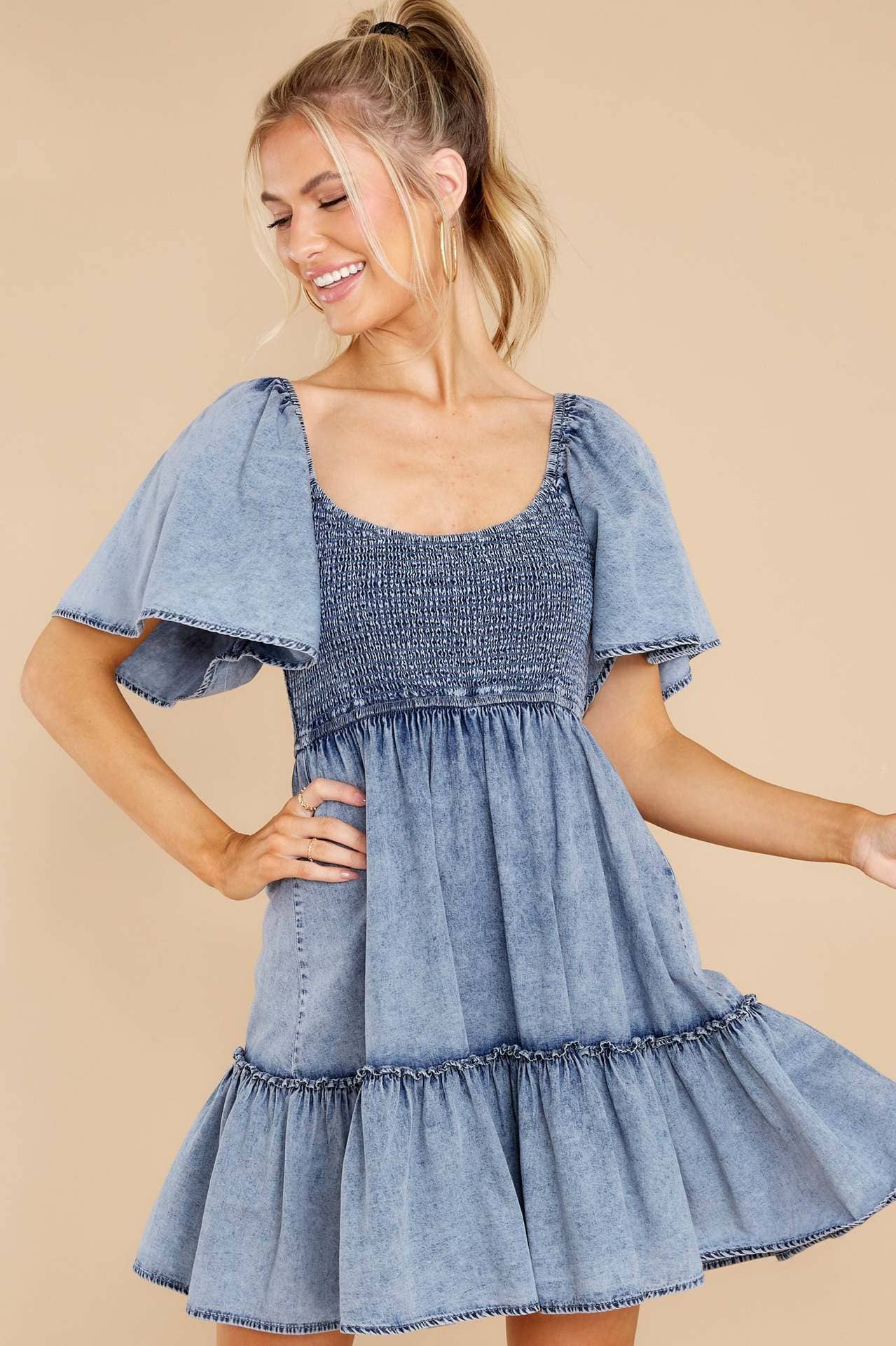 Denim Short Sleeve Tunic Dress: Blue / Missy / S