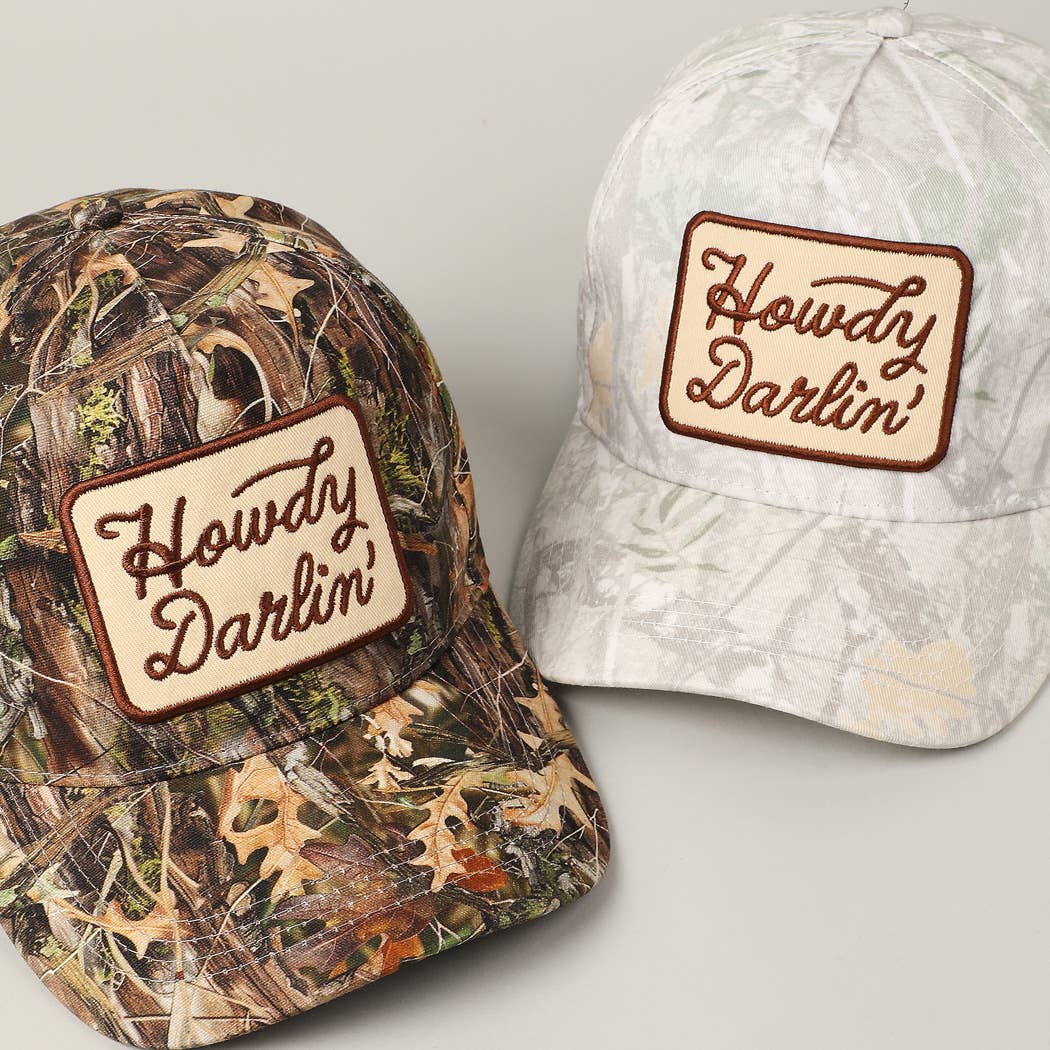 Howdy Darlin' Embroidery Patch Camo Trucker Hat: BEIGE CAMO / ONE SIZE