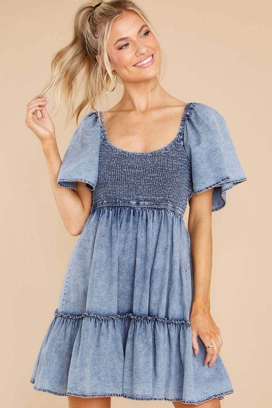 Denim Short Sleeve Tunic Dress: Blue / Missy / S