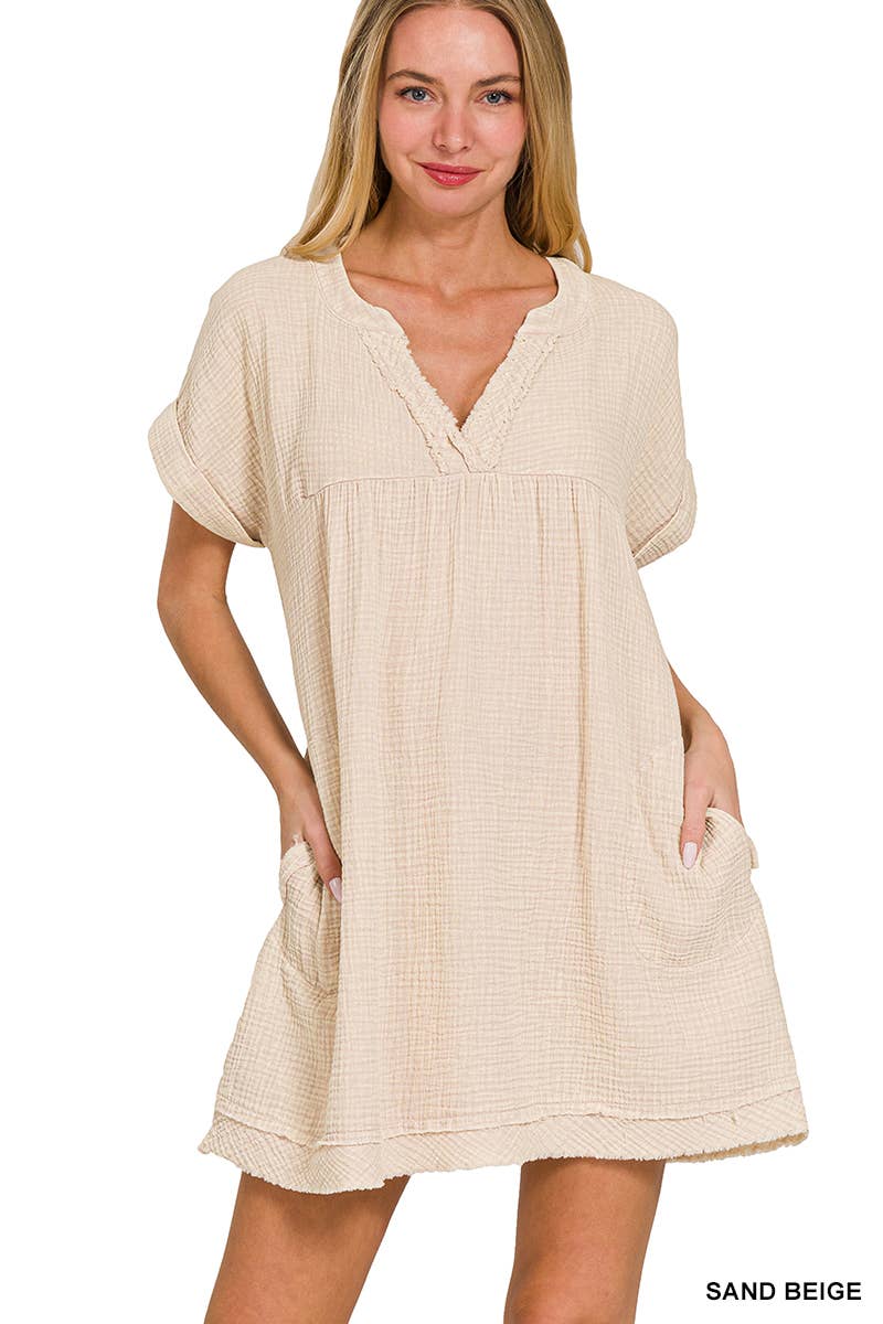 `.Double Gauze Raw Edge Dress w/ Pockets: ASH MOCHA-164472 / XL