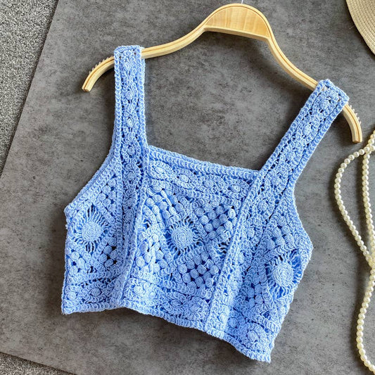 Crochet Knit Tank Top: Blue / Missy / One Size