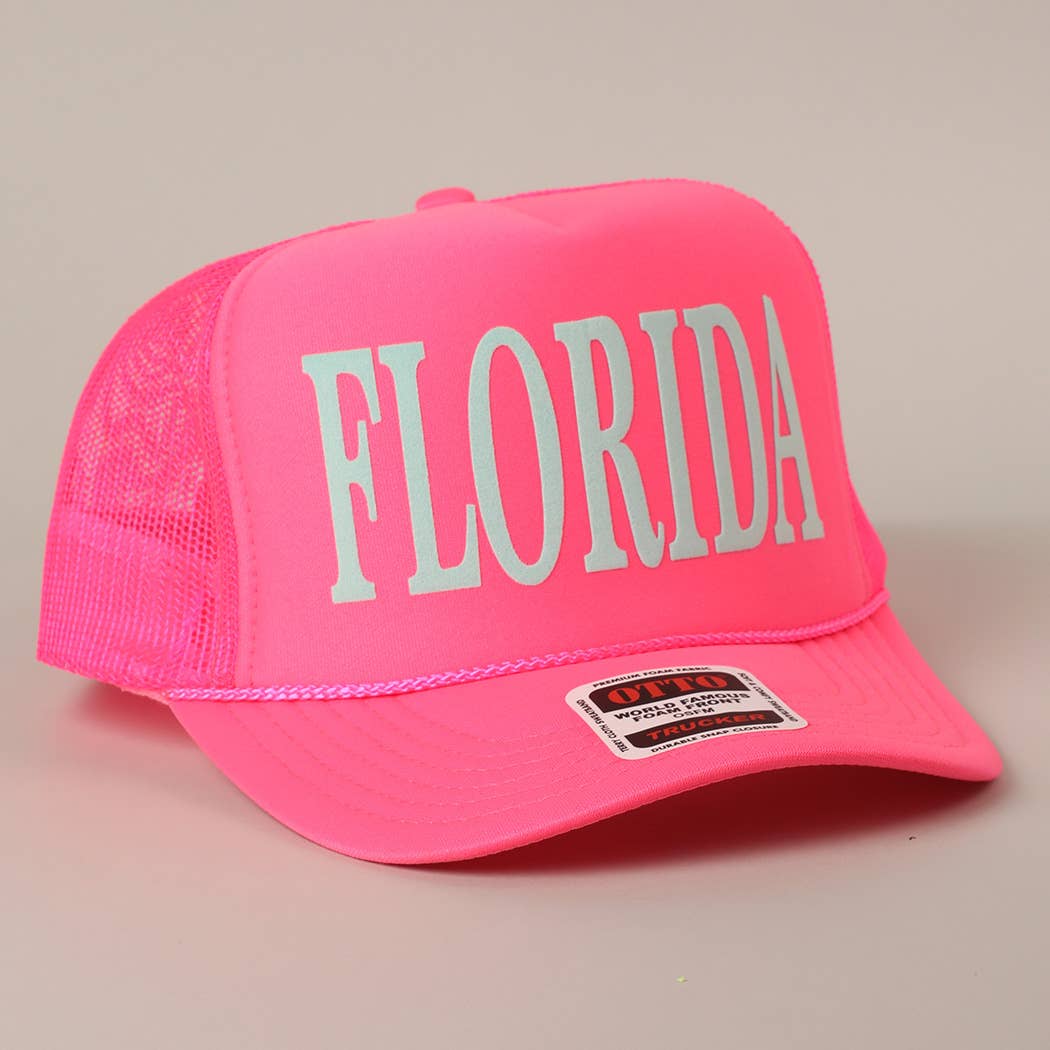 FLORIDA Text Printed Mesh Back Foam Trucker Hat: Pink / ONE SIZE