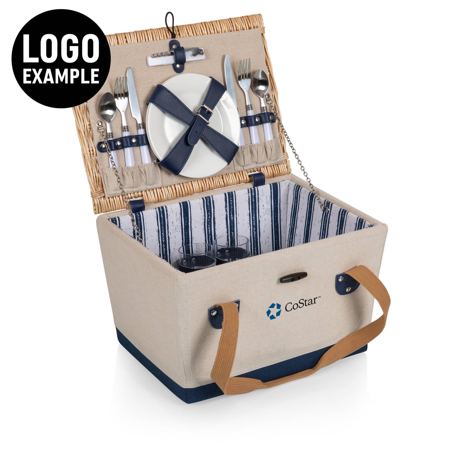 Picnic Basket for 2: Beige Canvas with Navy Blue Accents
