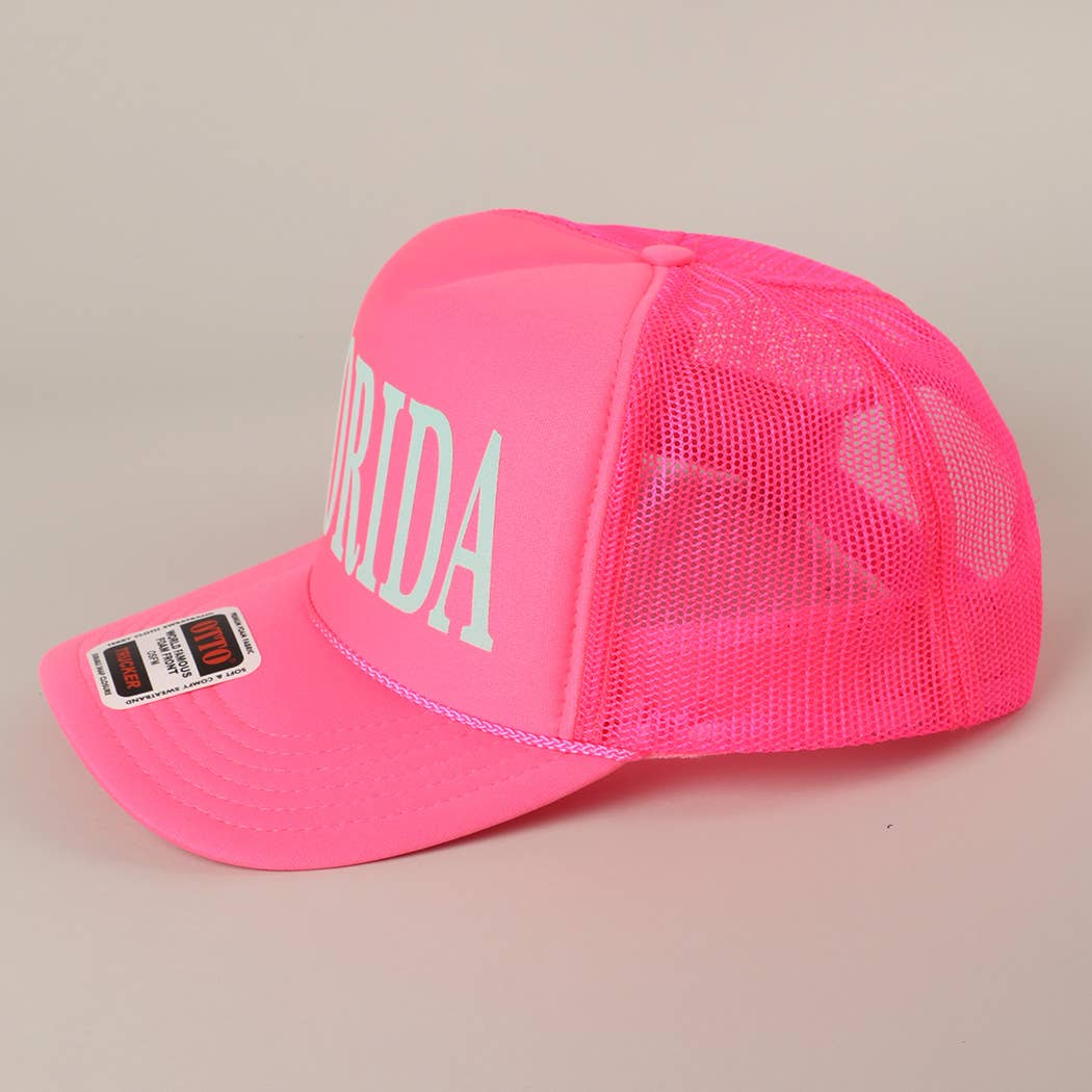 FLORIDA Text Printed Mesh Back Foam Trucker Hat: Pink / ONE SIZE