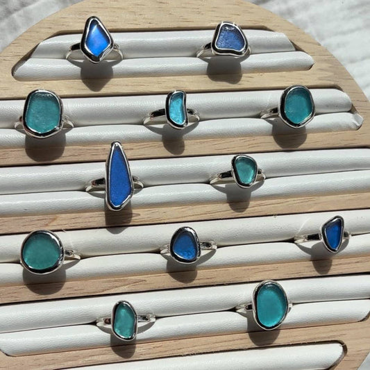 Blue Sea Glass Ring (Handmade): 925 Silver / 8