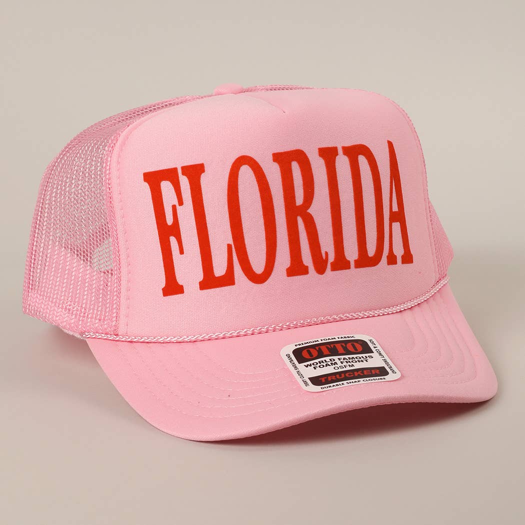 FLORIDA Text Printed Mesh Back Foam Trucker Hat: Pink / ONE SIZE