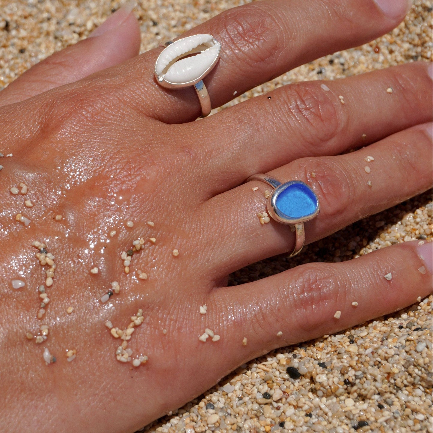 Blue Sea Glass Ring (Handmade): 925 Silver / 5
