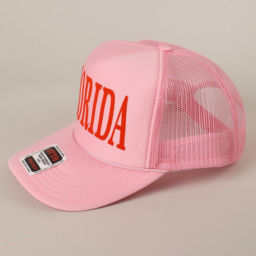 FLORIDA Text Printed Mesh Back Foam Trucker Hat: Pink / ONE SIZE