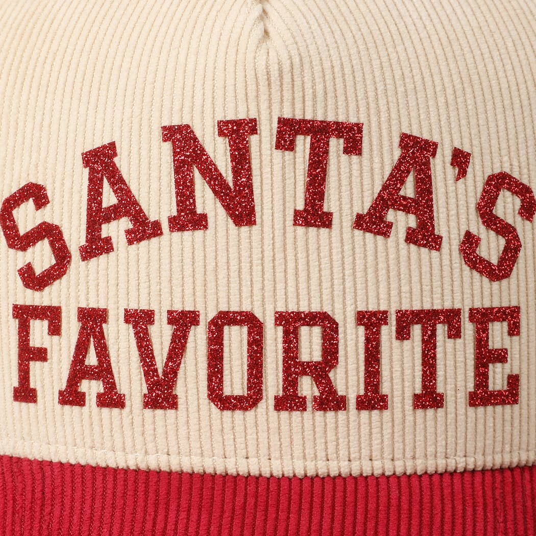 Santa's Favorite Glitter Text 5 Panel Corduroy Cap: Burgundy / ONE SIZE